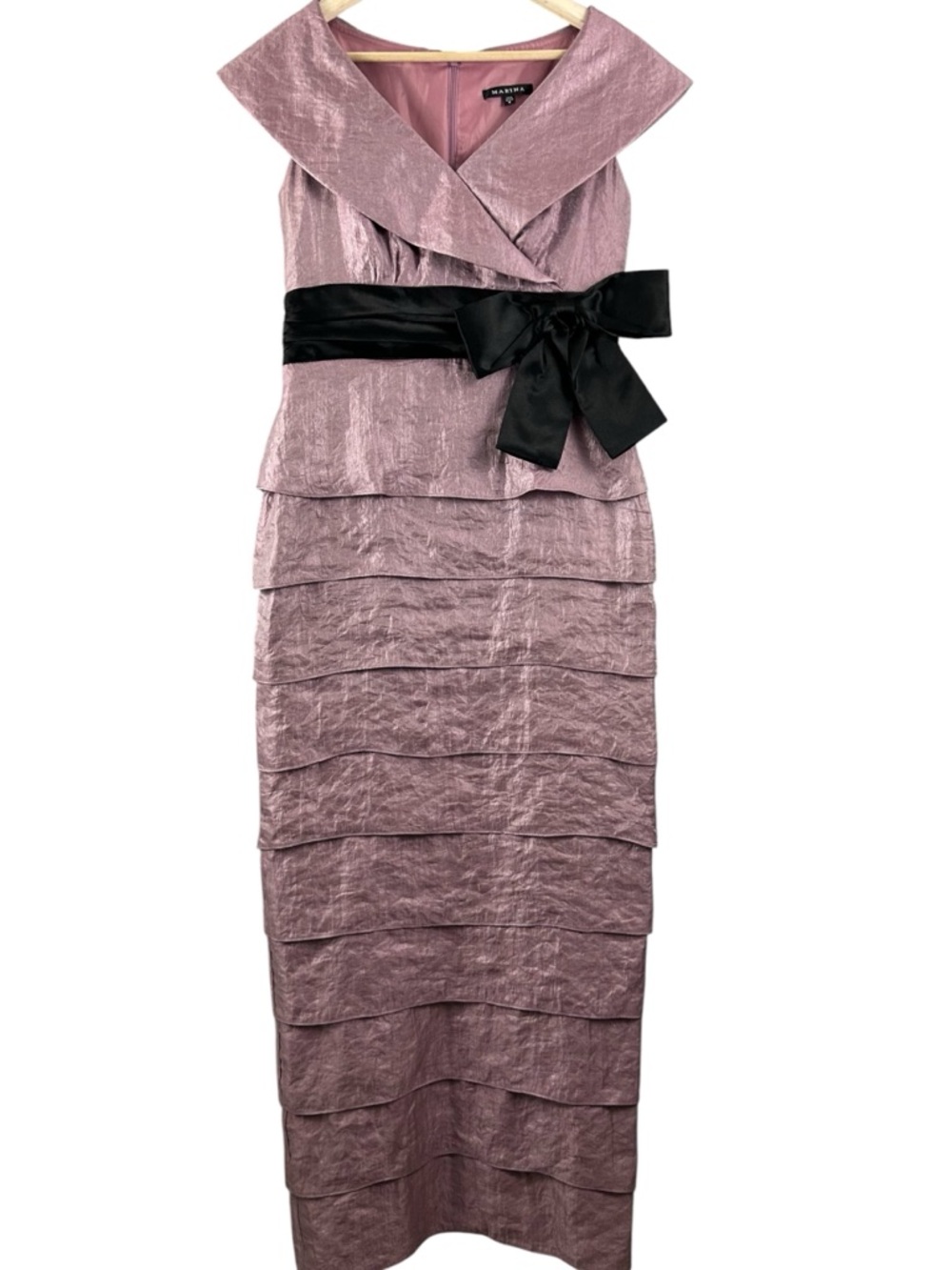 Marina Y2K Vintage Formal Tiered Sheath Shimmer Bow Dress Size 6